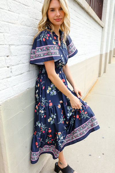 Boho Vibes Navy & Floral Notch Neck Border Print Tiered Maxi