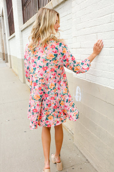 Boho Vibes Cotton Floral Button Down 3/4 Sleeve Tiered Dress