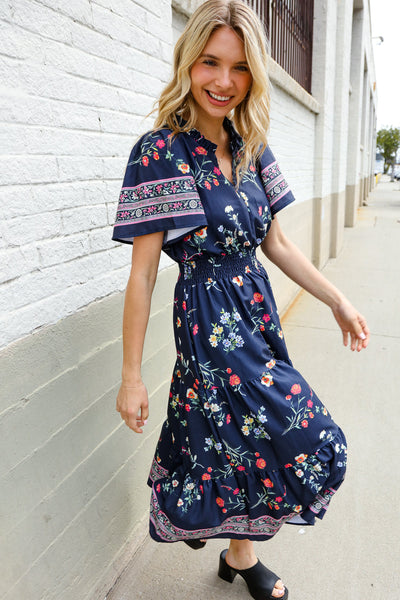 Boho Vibes Navy & Floral Notch Neck Border Print Tiered Maxi