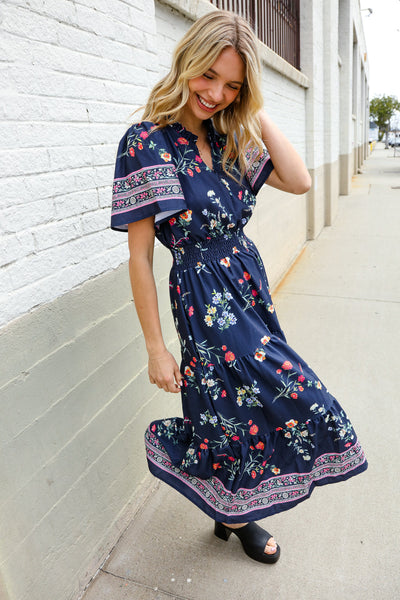 Boho Vibes Navy & Floral Notch Neck Border Print Tiered Maxi