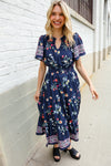 Boho Vibes Navy & Floral Notch Neck Border Print Tiered Maxi