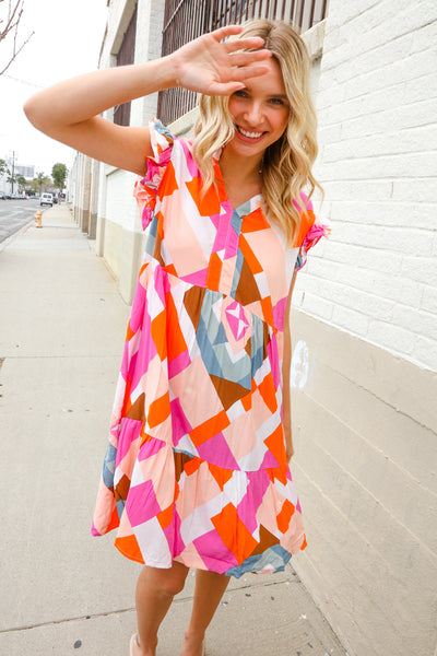 You Got This Multicolor Abstract Print Frill Notch Neck Tiered Dress