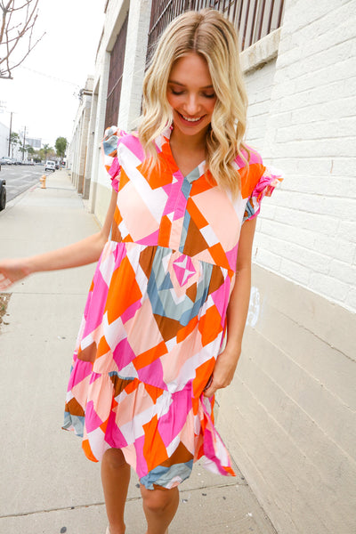 You Got This Multicolor Abstract Print Frill Notch Neck Tiered Dress