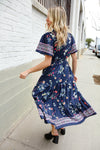 Boho Vibes Navy & Floral Notch Neck Border Print Tiered Maxi