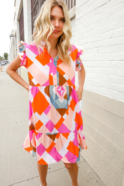 You Got This Multicolor Abstract Print Frill Notch Neck Tiered Dress