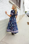 Boho Vibes Navy & Floral Notch Neck Border Print Tiered Maxi