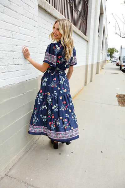 Boho Vibes Navy & Floral Notch Neck Border Print Tiered Maxi