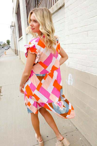 You Got This Multicolor Abstract Print Frill Notch Neck Tiered Dress