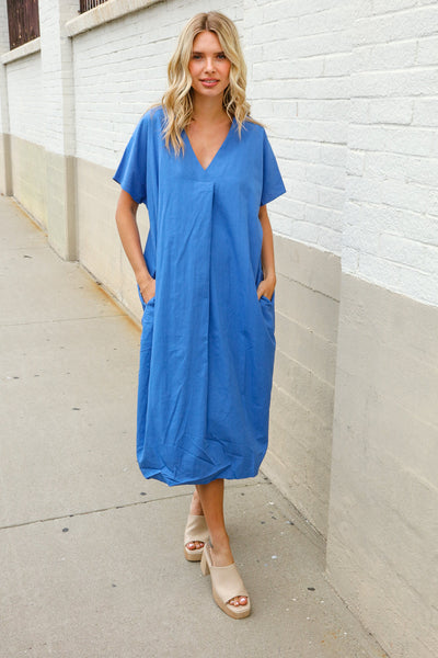 Casual Chic Blue Cotton V Neck Pocketed Midi Tunic