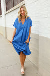 Casual Chic Blue Cotton V Neck Pocketed Midi Tunic