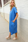 Casual Chic Blue Cotton V Neck Pocketed Midi Tunic