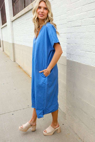 Casual Chic Blue Cotton V Neck Pocketed Midi Tunic