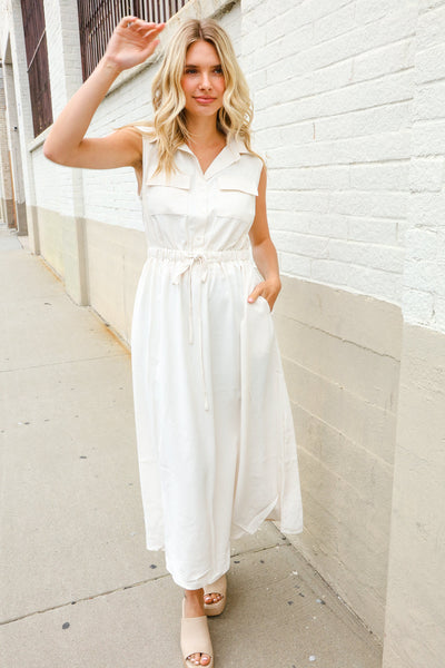 Put Together Ivory Cotton Collar Drawstring Waist Fit & Flare Midi