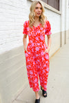 Spring Vibes Fuchsia Floral Print Ruffle Sleeve Wide Leg Jumpsuit