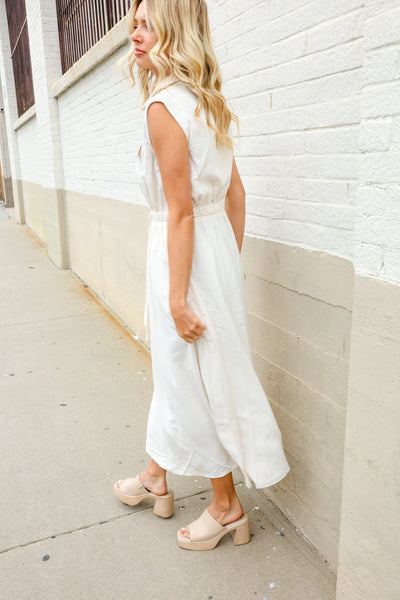 Put Together Ivory Cotton Collar Drawstring Waist Fit & Flare Midi