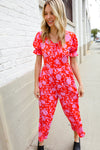 Spring Vibes Fuchsia Floral Print Ruffle Sleeve Wide Leg Jumpsuit