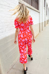 Spring Vibes Fuchsia Floral Print Ruffle Sleeve Wide Leg Jumpsuit