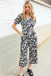 Spring Vibes Black & Beige Floral Print Ruffle Sleeve Wide Leg Jumpsuit