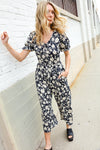 Spring Vibes Black & Beige Floral Print Ruffle Sleeve Wide Leg Jumpsuit