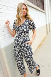 Spring Vibes Black & Beige Floral Print Ruffle Sleeve Wide Leg Jumpsuit