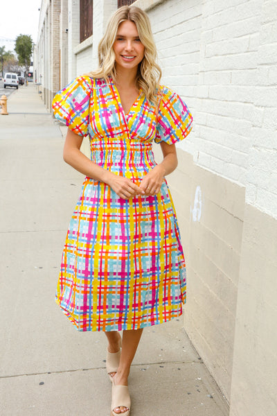 Charming in Multicolor Cotton Plaid Puff Sleeve Sweetheart Neck Dress