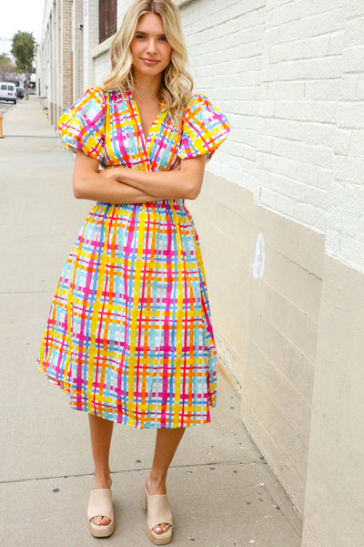 Charming in Multicolor Cotton Plaid Puff Sleeve Sweetheart Neck Dress