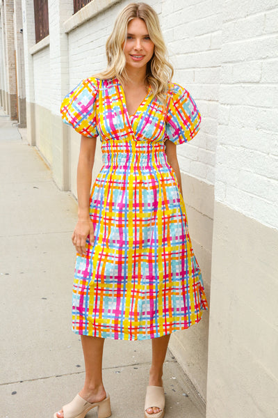 Charming in Multicolor Cotton Plaid Puff Sleeve Sweetheart Neck Dress