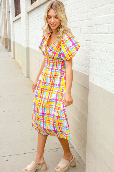 Charming in Multicolor Cotton Plaid Puff Sleeve Sweetheart Neck Dress