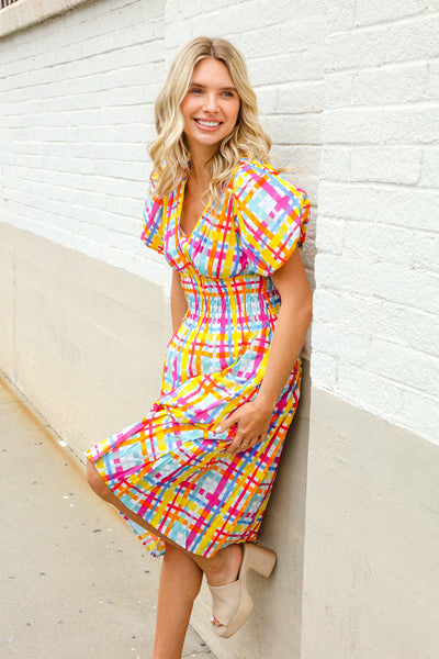 Charming in Multicolor Cotton Plaid Puff Sleeve Sweetheart Neck Dress