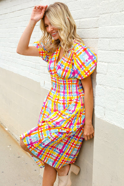 Charming in Multicolor Cotton Plaid Puff Sleeve Sweetheart Neck Dress