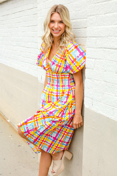 Charming in Multicolor Cotton Plaid Puff Sleeve Sweetheart Neck Dress