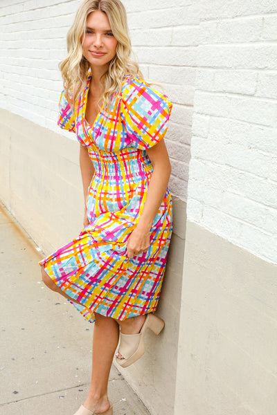 Charming in Multicolor Cotton Plaid Puff Sleeve Sweetheart Neck Dress