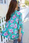 Vacay Vibes Green Floral Dolman Bat Sleeve Bow Blouse