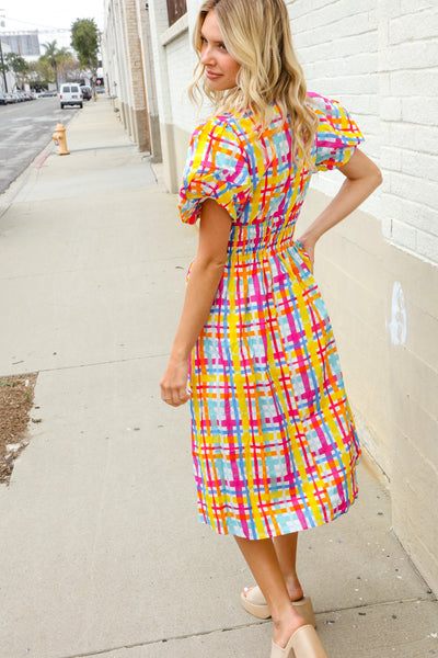 Charming in Multicolor Cotton Plaid Puff Sleeve Sweetheart Neck Dress