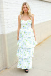Stunning in Strap Bustier White & Blue Floral Tiered Chiffon Maxi Dress