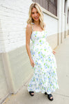 Stunning in Strap Bustier White & Blue Floral Tiered Chiffon Maxi Dress