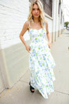 Stunning in Strap Bustier White & Blue Floral Tiered Chiffon Maxi Dress