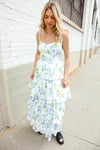 Stunning in Strap Bustier White & Blue Floral Tiered Chiffon Maxi Dress