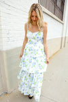 Stunning in Strap Bustier White & Blue Floral Tiered Chiffon Maxi Dress