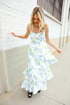 Stunning in Strap Bustier White & Blue Floral Tiered Chiffon Maxi Dress