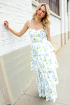 Stunning in Strap Bustier White & Blue Floral Tiered Chiffon Maxi Dress