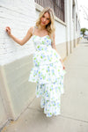 Stunning in Strap Bustier White & Blue Floral Tiered Chiffon Maxi Dress