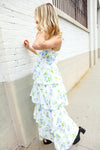 Stunning in Strap Bustier White & Blue Floral Tiered Chiffon Maxi Dress