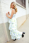 Stunning in Strap Bustier White & Blue Floral Tiered Chiffon Maxi Dress