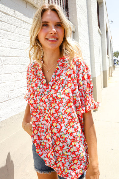 Elegant You Ruby Notched Neck Floral Smocked Sleeve Blouse