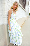 Stunning in Strap Bustier White & Blue Floral Tiered Chiffon Maxi Dress