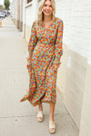 Dazzle in Silky Sage & Coral Floral V Neck Smock Ruffle Sleeve Maxi
