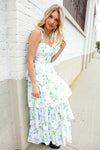 Stunning in Strap Bustier White & Blue Floral Tiered Chiffon Maxi Dress