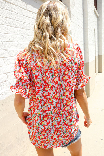 Elegant You Ruby Notched Neck Floral Smocked Sleeve Blouse