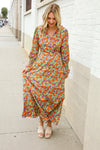 Dazzle in Silky Sage & Coral Floral V Neck Smock Ruffle Sleeve Maxi